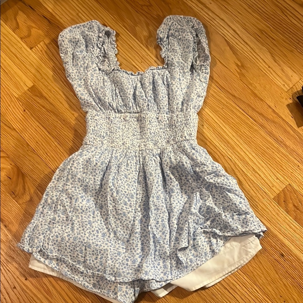 Hollister Light Blue Patterned Romper with Ruffled Straps